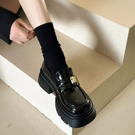 黑色厚底乐福鞋女2024春季新款复古学院风单鞋一脚蹬英伦风小皮鞋商品大图