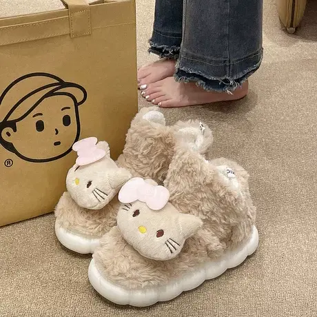可爱猫咪高帮棉鞋女款冬季外穿羊羔毛保暖加绒防滑厚底室内棉拖鞋商品大图