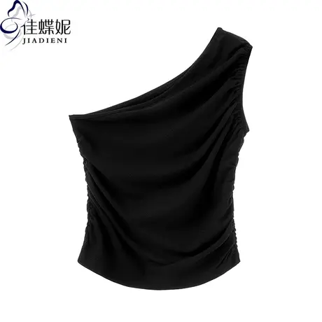夏季斜肩褶皱修身显瘦短款纯欲性感露肩纯棉纯色背心上衣女装内搭商品大图
