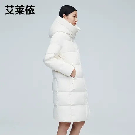 艾莱依羽绒服女2021年新款白鸭绒中长款大牌高端白色连帽品牌外套商品大图