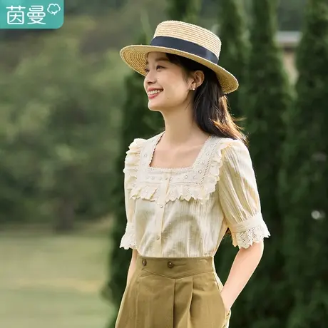 茵曼2023春新款优雅法式方领设计感荷叶边拼接泡泡袖遮肉显瘦衬衣商品大图