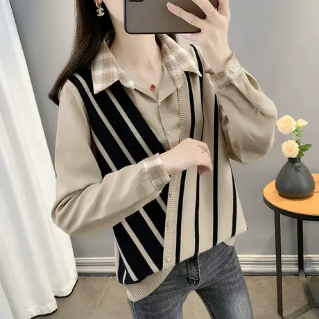 早秋新款女士假两件衬衫领毛衣女2023年爆款针织打底衫女上衣秋冬图片