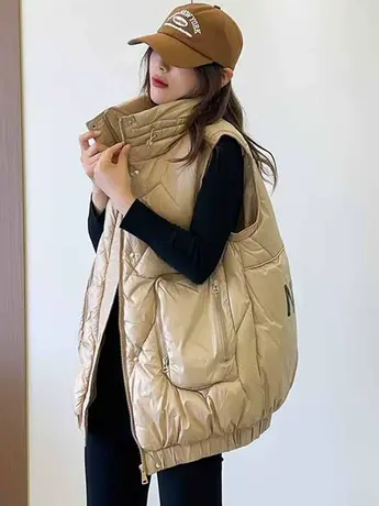 亮面免洗羽绒棉马甲女2023年秋冬装新款拼接百搭宽松保暖马夹外套商品大图