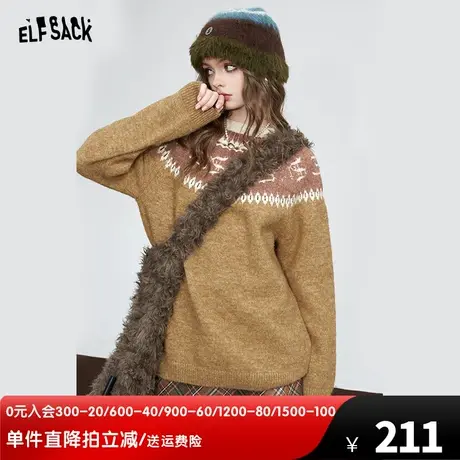 妖精的口袋圆领针织毛衣女2023冬季新款慵懒风宽松复古长袖上衣商品大图