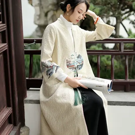 素飞唐装中国风加绒加厚外套中式大衣刺绣居士服禅意茶服女春季图片