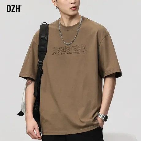 男士美式复古t恤男夏季潮牌纯棉短袖男款2023新款咖色上衣体恤衫商品大图
