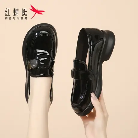 红蜻蜓女鞋2024新款一脚蹬亮面乐福鞋女小皮鞋真皮英伦春秋通勤jk商品大图