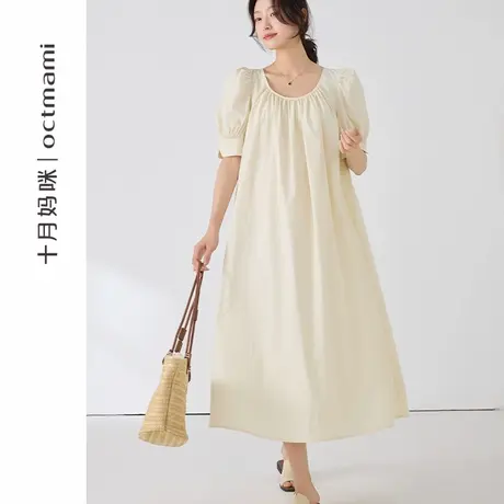十月妈咪孕妇连衣裙2025新款夏季外穿小个子圆领泡泡袖短袖裙夏装商品大图