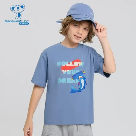 KD真维斯男童2023秋季新款卡通动物英文印花圆领纯棉舒适短袖T恤图片