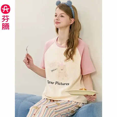 芬腾睡衣女士夏季纯棉薄款短袖七分裤套装女款卡通甜美全棉家居服商品大图