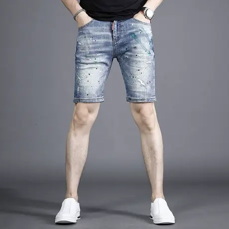 夏季薄款破洞牛仔短裤男士5五分马裤潮牌潮流泼墨中裤子男高端潮商品大图