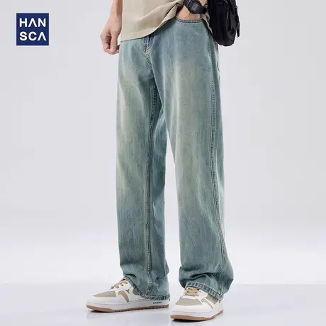hansca蓝色水洗直筒牛仔裤男夏季新款做旧纹理设计复古宽松长裤子商品大图