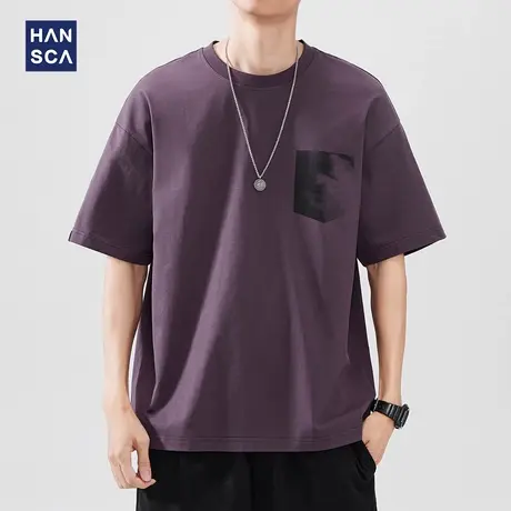 hansca 轻薄透气圆领短袖T恤男2025夏季新款复古撞色印花休闲上衣商品大图