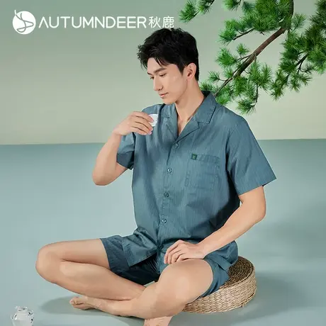 秋鹿新中式国风柔软纯棉睡衣男夏季薄款短袖五分裤条纹家居服套装商品大图