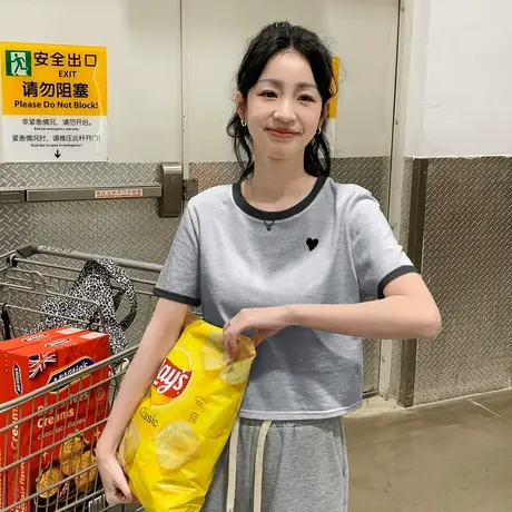唐狮夏季新款短袖女T恤女百搭小个子短款上衣甜美撞色体恤商品大图