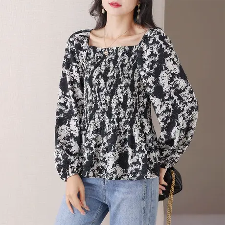 伊自尚2023年秋季新款水墨画法式气质方领洋气显瘦百搭雪纺衫上衣图片