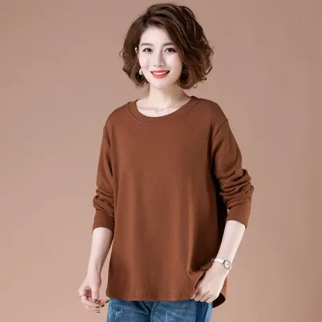 T恤女长袖圆领秋冬装新款加肥加大码女装宽松百搭纯色体恤打底衫商品大图