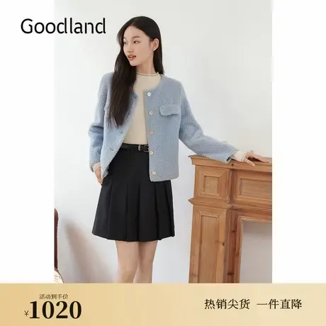 Goodland美地2024冬季新款时尚短款保暖圆领环保羊毛皮草外套图片