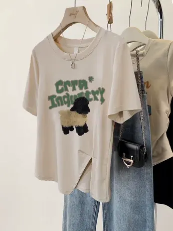 hiphop潮牌辣妹风大码女装上衣夏不规则下摆ins潮美式复古T恤短袖商品大图