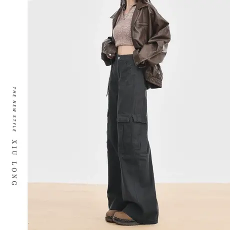 灰色机能工装裤女春秋2023新款爆款休闲高腰美式牛仔拖地阔腿裤子图片