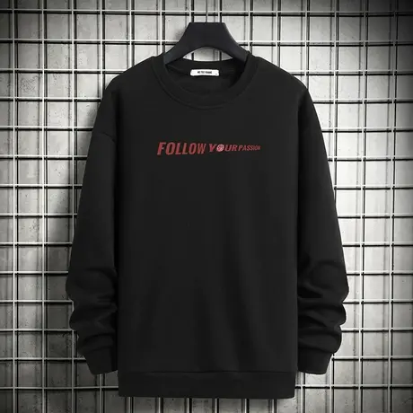 男士卫衣秋冬款摇粒绒加绒加厚黑色印花潮流宽松圆领无帽长袖t恤商品大图