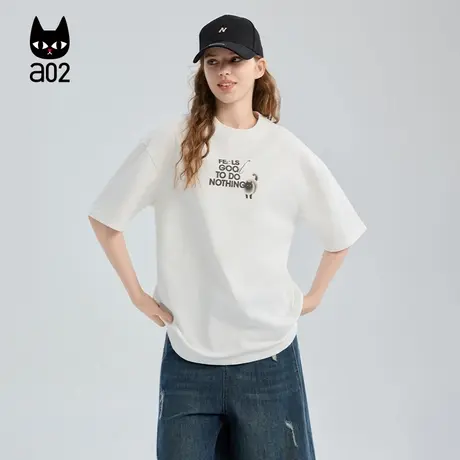 a02黑猫系列纯棉宽松圆领短袖T恤女2025新款夏季设计感上衣半袖图片