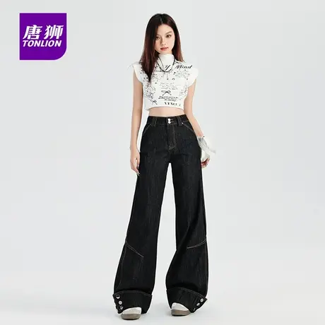 唐狮美式复古黑色阔腿牛仔裤女重工翻边直筒宽松设计感拖地裤子AX图片