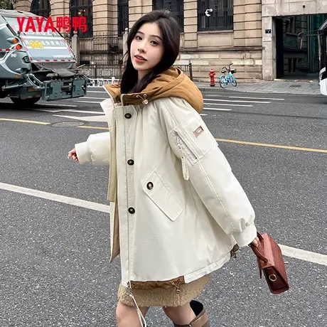 鸭鸭羽绒服女2023冬季新品假两件撞色拼接时尚百搭连帽鸭绒保暖M商品大图