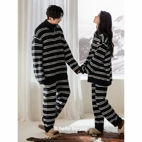 贝妍珊瑚绒情侣睡衣女款秋冬高领保暖半边绒家居服简约条纹男套装商品大图