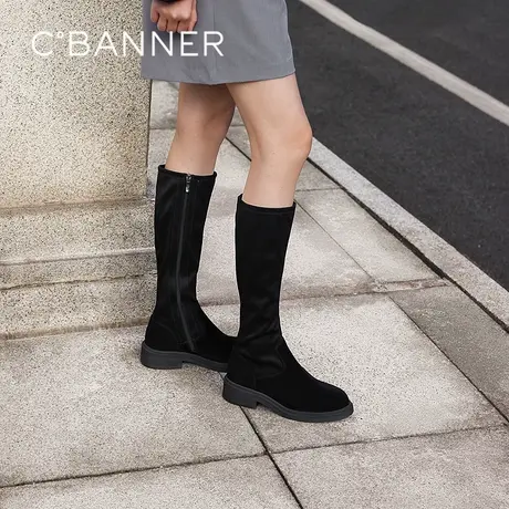 千百度羊皮粗中跟瘦瘦靴女款百搭冬季气质高筒骑士靴弹力靴长靴子商品大图