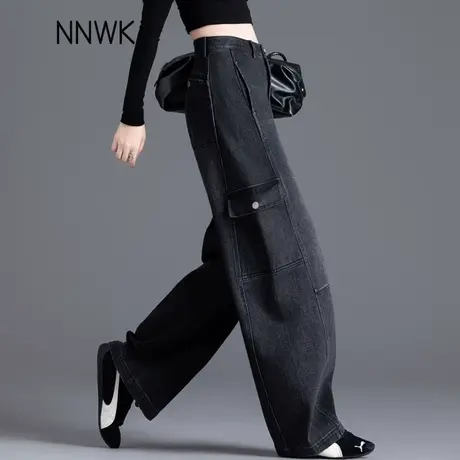 美式黑灰色工装牛仔裤女2025新款春秋季复古高腰多口袋弯刀阔腿裤商品大图