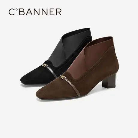 【静音系列】千百度粗高跟羊皮时装靴女秋冬新款踝靴通勤短靴商品大图