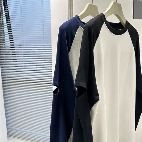 拼接长袖设计感小众T恤女春秋韩版宽松显瘦撞色纯棉插肩袖上衣潮图片