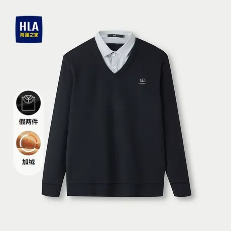 HLA/海澜之家双领针织衫2025秋冬新款时尚加绒保暖套头衫假两件男图片