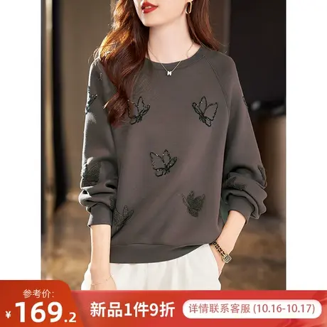 宝诗黎圆领卫衣女春秋款亮片刺绣棉质短款上衣百搭打底衫2023新款商品大图