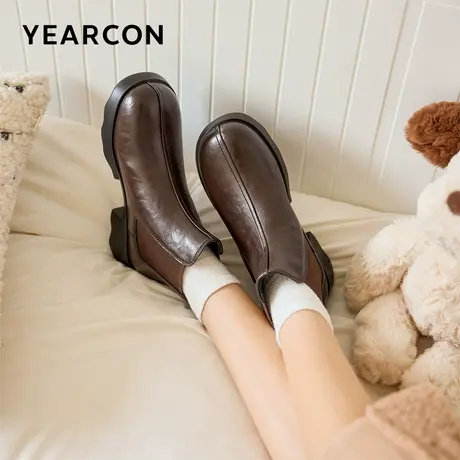 意尔康女鞋2025冬季切尔西靴复古法式加绒短靴粗跟气质及踝靴女士图片