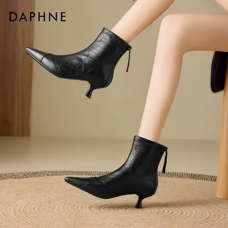 达芙妮黑色尖头短靴女2025新款冬季加绒细跟高跟百搭气质瘦瘦靴子图片