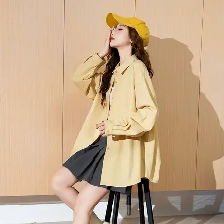 唐狮秋季新款女长袖衬衫净色百搭宽松长款外套慵懒风休闲上衣TD商品大图