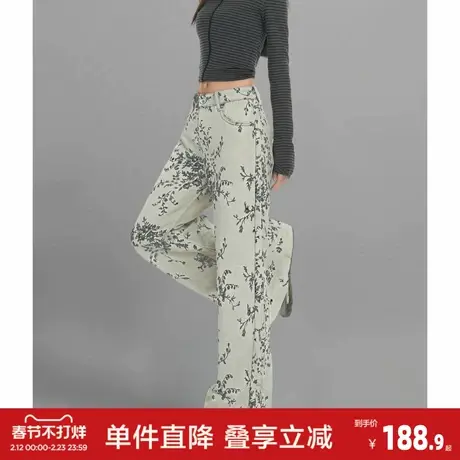 唐狮秋冬女款加绒提花牛仔裤时尚保暖高级感女士长裤直筒裤商品大图