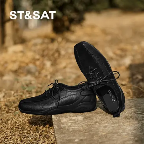 星期六复古德训鞋女黑色真皮系带厚底内增高舒适百搭休闲乐福鞋春商品大图