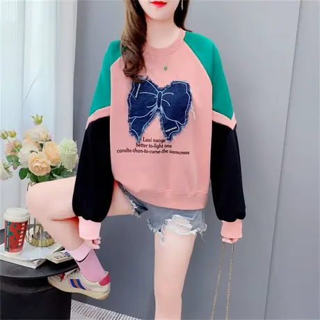 超火短款小个子圆领卫衣女秋季2023新款宽松洋气拼色网红打底上衣商品大图