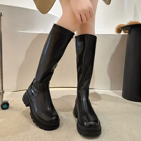 2023新款秋冬圆头马丁靴女韩版学生小个子长筒靴厚底中筒骑士靴女商品大图