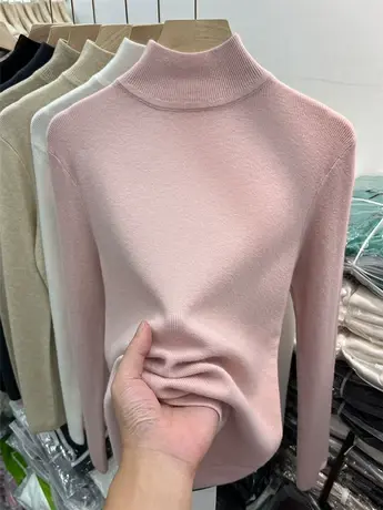 纯色百搭半高领长袖针织衫女上衣2023秋冬新款内搭软糯打底衫毛衣商品大图