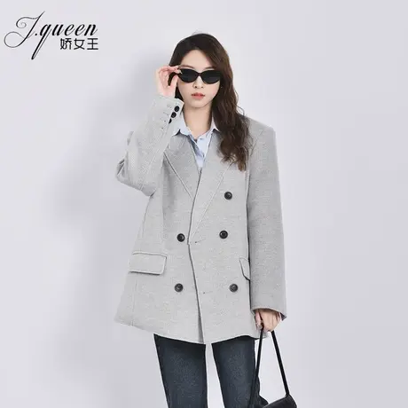 毛呢西装外套女秋冬新款设计感假领子oversize中长款灰色呢子西服图片