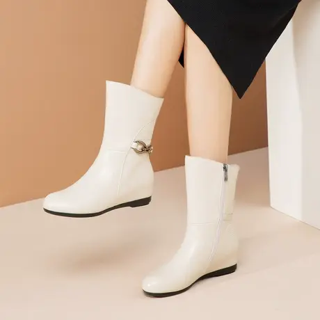 断码清仓牛皮短靴女圆头马丁靴真皮米白色中筒靴平底内增高靴子女商品大图