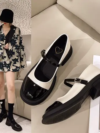 潮牌秋季玛丽珍小皮鞋女法式晚风扣带浅口乐福jk圆头中粗跟单鞋女商品大图