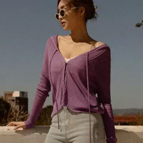 桔熊春夏季休闲微透弹力立体坑条连帽抽绳罩衫小外套女大码FA2744商品大图