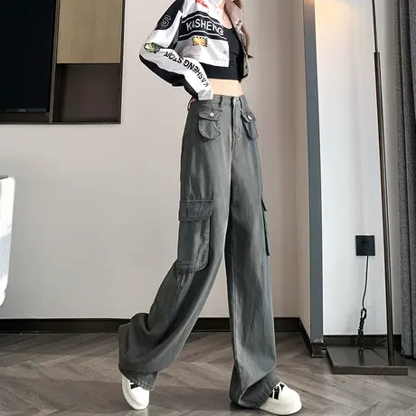 灰色工装牛仔裤女春秋2024新款宽松显瘦高腰阔腿休闲拖地直筒裤子商品大图