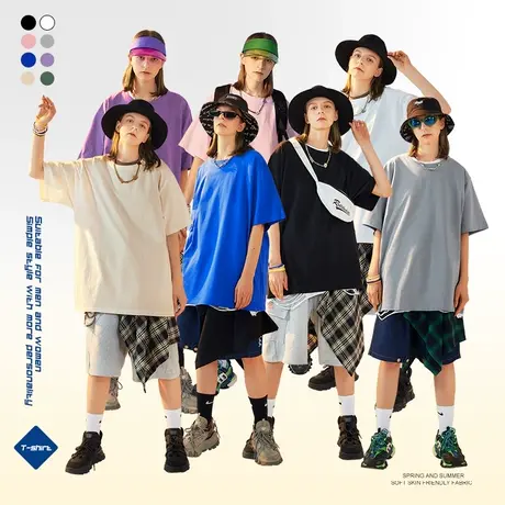 美式oversize简约风纯色短袖t恤男大码国潮胖子针织半袖潮牌ins夏商品大图