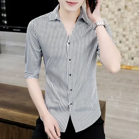 ins七分袖V领衬衫男士夏季潮牌韩版修身发型师条纹衬衣帅气短袖寸商品大图